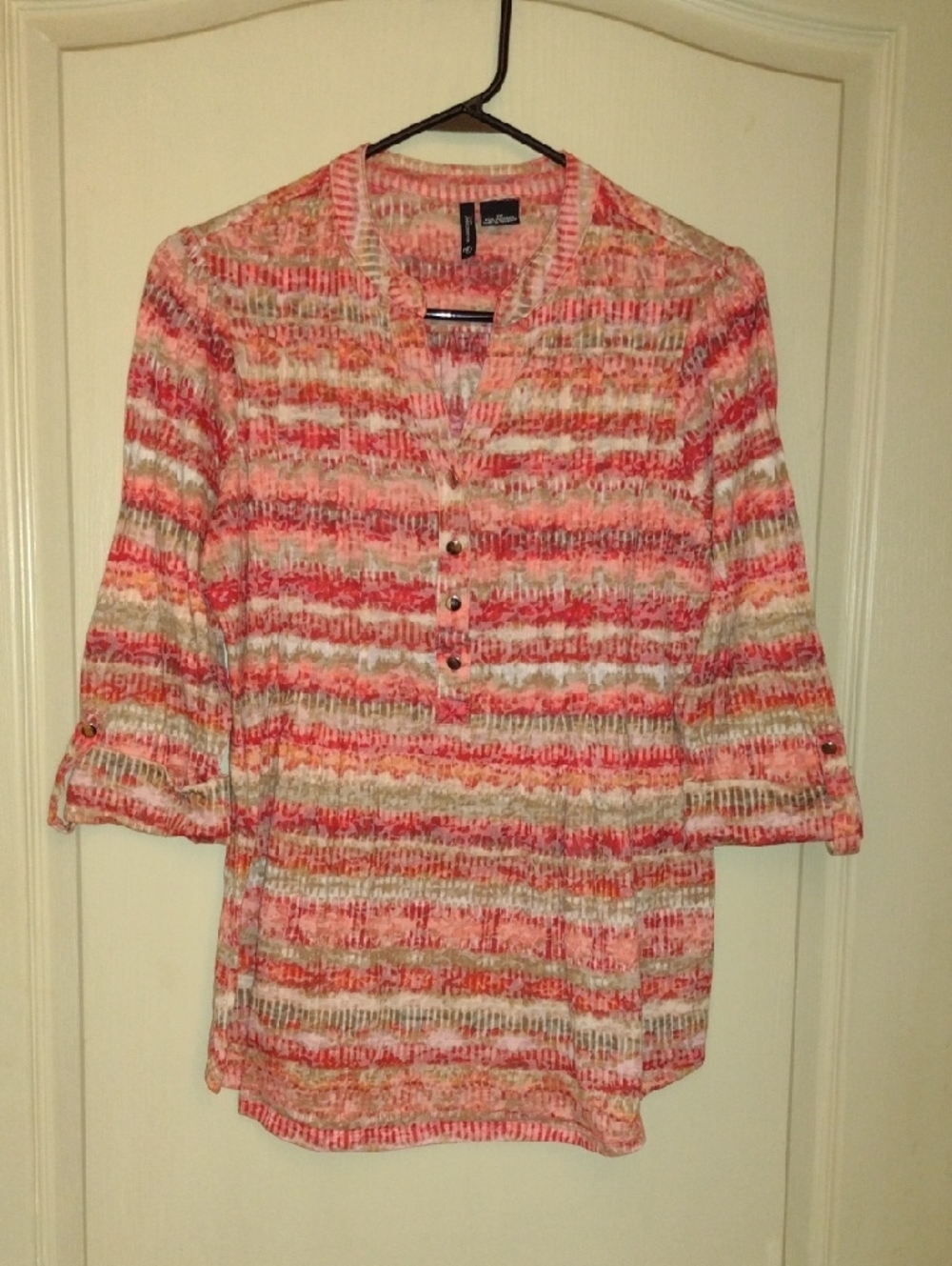 Susan Graver Coral Pink Striped Split-Neck Roll-Tab Tunic